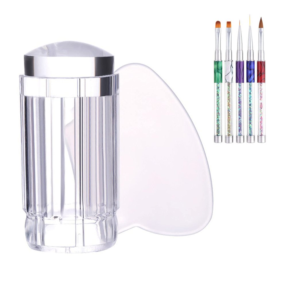 PENNY73 Nail Silicone Seal Scraper Clear Nail Art Stamping French Nail Transfer Manicure Tool with 8PCS Draw Line Pen Gel Nail Brush,White