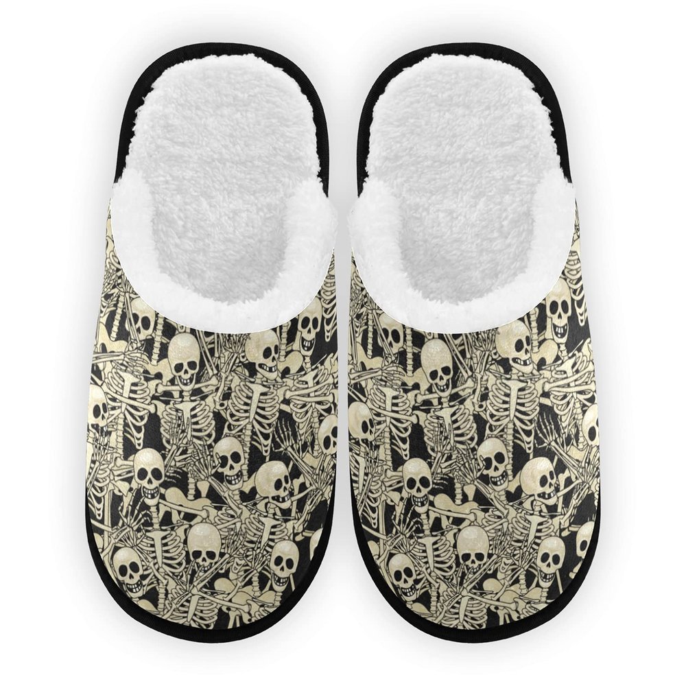 Umidedor Gothic Skull Skeletons Slippers For Women Girls, Soft Memory Foam Non-Slip Indoor House Slippers Home Shoes for Bedroom Hotel Travel Spa