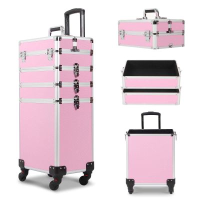 CAMORSA Professional 4 in 1 Makeup Luggage Large Storage Make Up Trolley Cosmetic Cases (Pink)