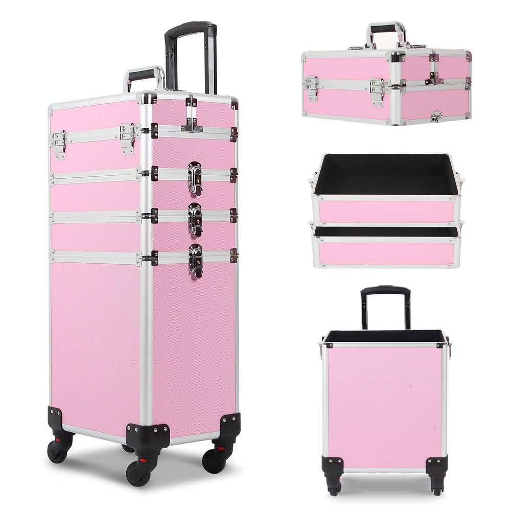 CAMORSA Professional 4 in 1 Makeup Luggage Large Storage Make Up Trolley Cosmetic Cases (Pink)
