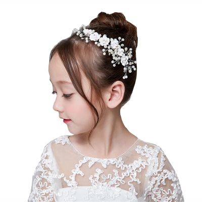 Headband Girl Hair Accessories Princess Wedding Headpiece Bridal Bridesmaid Flower Pearls Rhinestone Headdress (Color : White)