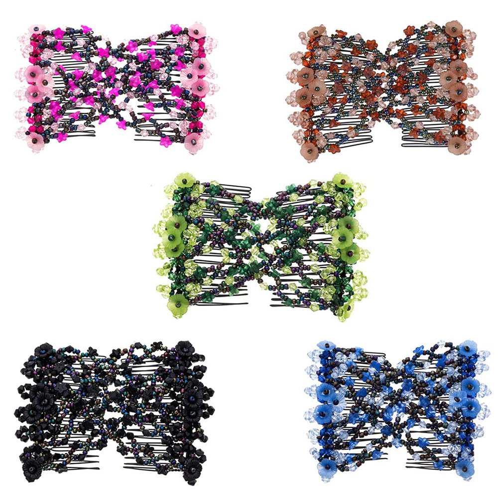 FXQHAN Magic Easy Combs for Women Hair Accessories, Elastic Beaded Double Hair Clips Combs for Hair Styling or Hair Decoration (Black + Blue + Green + Rose red + Brown)