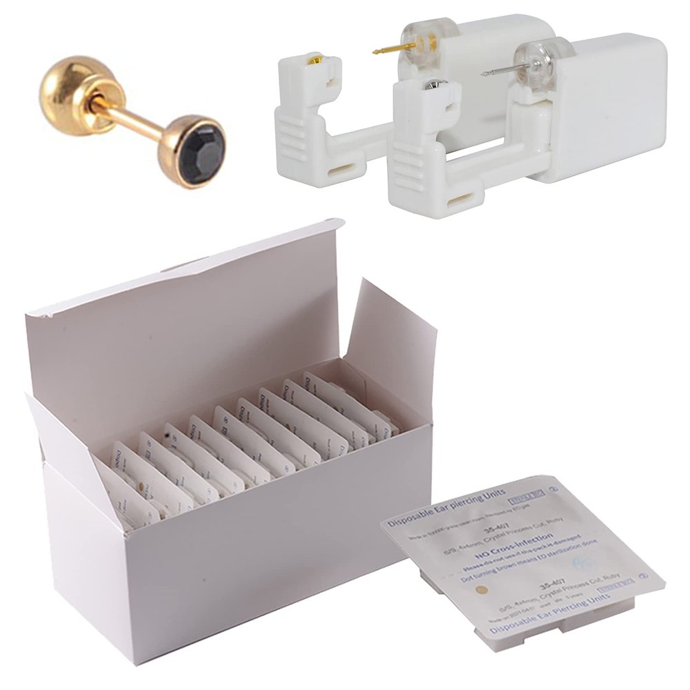 CHUANCI 24PCS/Box Disposable Sterile Ear Piercing Unit Ear Cartilage Tragus Helix Piercing Gun NO Pain Piercer Tool Machine Choose Design (24PCS/Box-3mm Gold Black Zircon)
