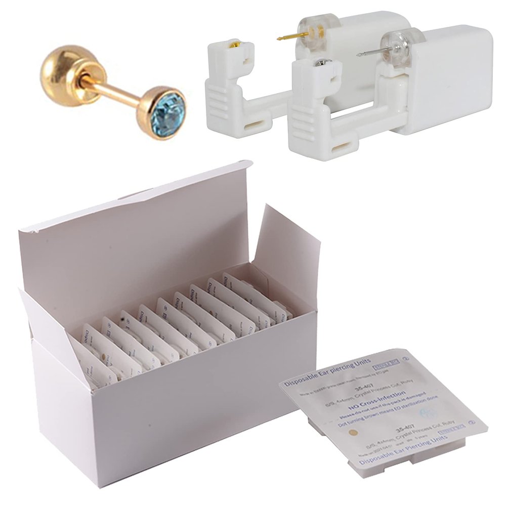 CHUANCI 24PCS/Box Disposable Sterile Ear Piercing Unit Ear Cartilage Tragus Helix Piercing Gun NO Pain Piercer Tool Machine Choose Design (24PCS/Box-3mm Gold Aqua Zircon)