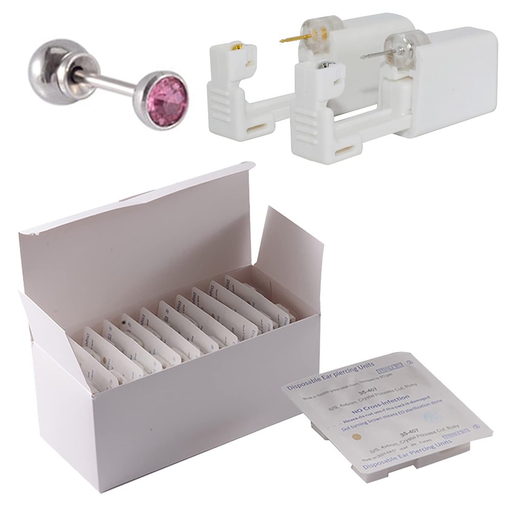 CHUANCI 24PCS/Box Disposable Sterile Ear Piercing Unit Ear Cartilage Tragus Helix Piercing Gun NO Pain Piercer Tool Machine Choose Design (24PCS/Box-3mm Silver Pink Zircon)