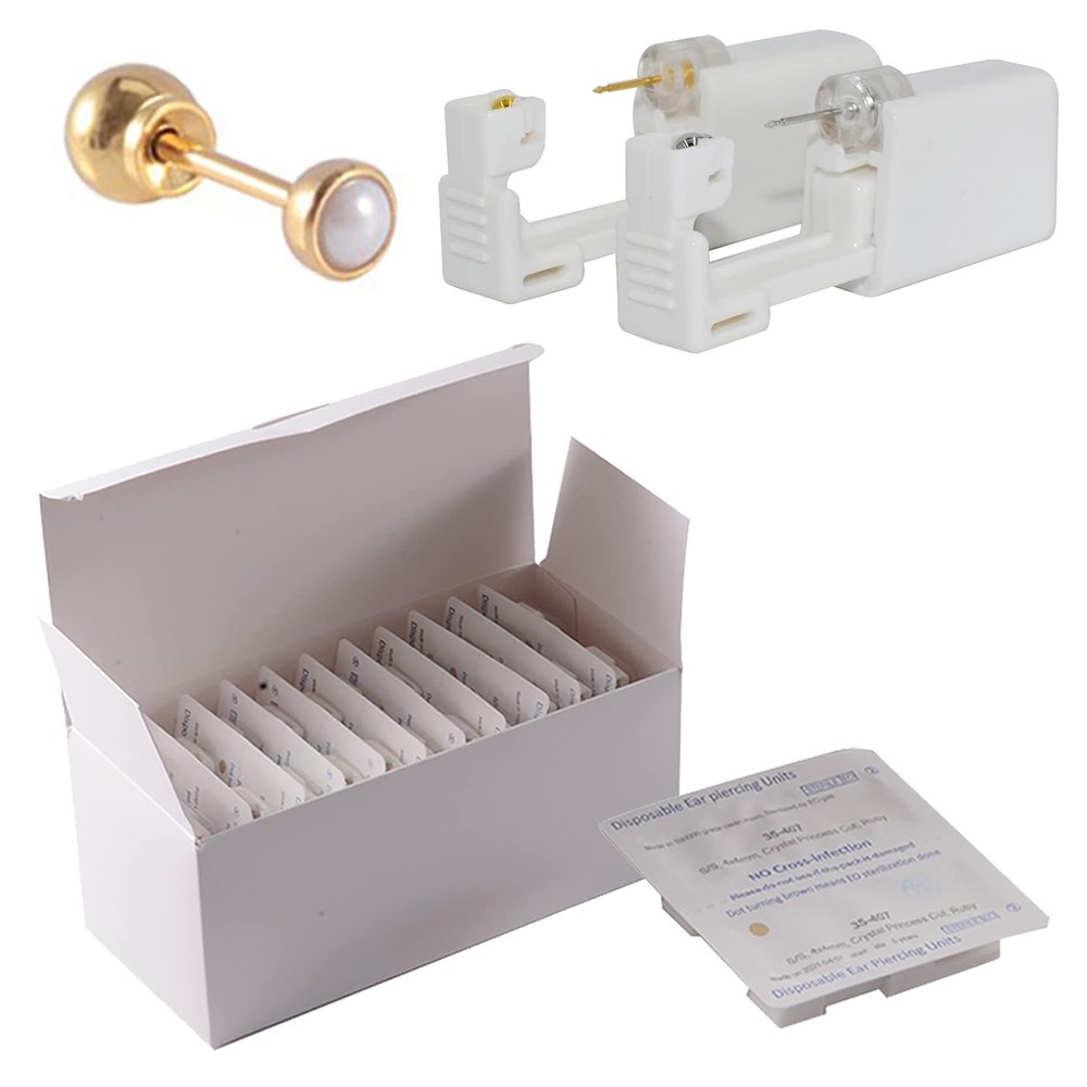CHUANCI 24PCS/Box Disposable Sterile Ear Piercing Unit Ear Cartilage Tragus Helix Piercing Gun NO Pain Piercer Tool Machine Choose Design (24PCS/Box-3mm Gold Pearl)