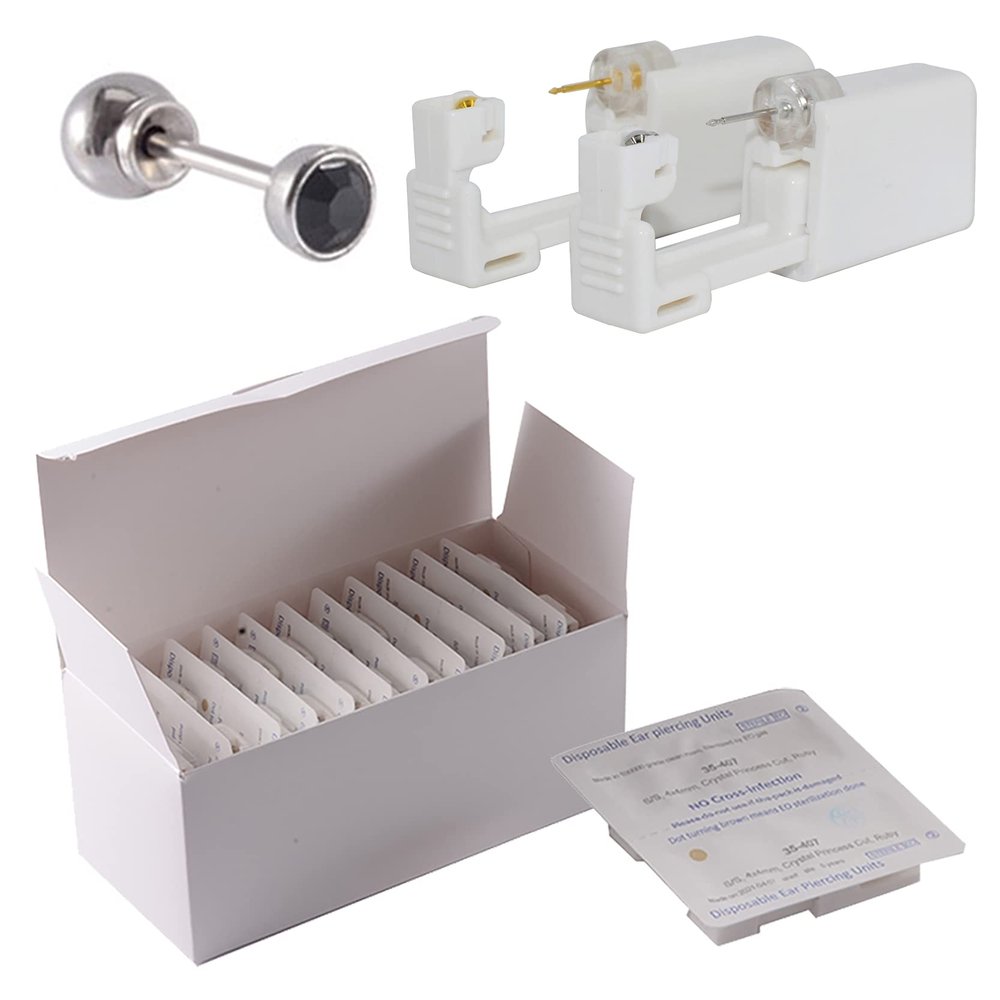 CHUANCI 24PCS/Box Disposable Sterile Ear Piercing Unit Ear Cartilage Tragus Helix Piercing Gun NO Pain Piercer Tool Machine Choose Design (24PCS/Box-3mm Silver Black Zircon)