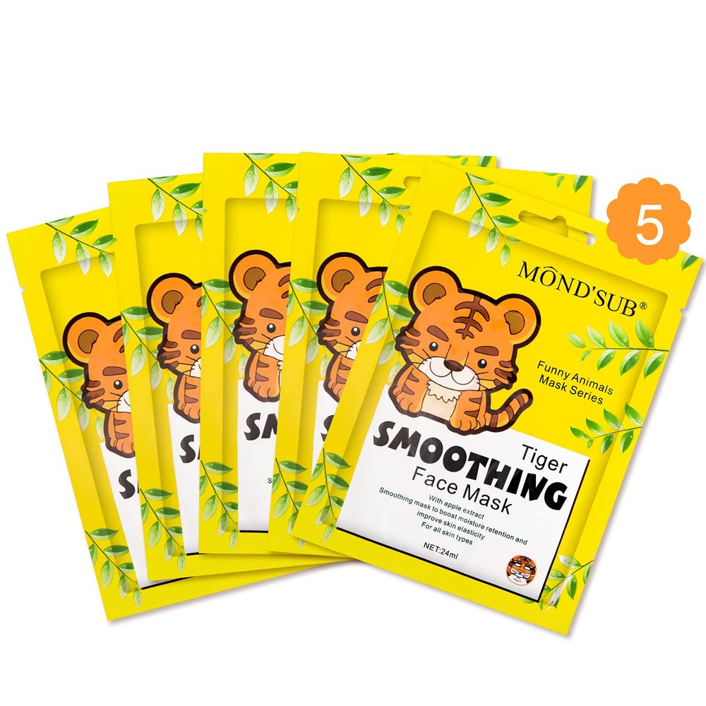 Animal Spa Beauty Mask, Character Masks Sheet-(Pack of 5) Tiger Smoothing Firming Nourishing Moisturizing Effects For All Skin Types- Birthday Party Gift for her, Girls Night, Spa Night, Beauty Gift