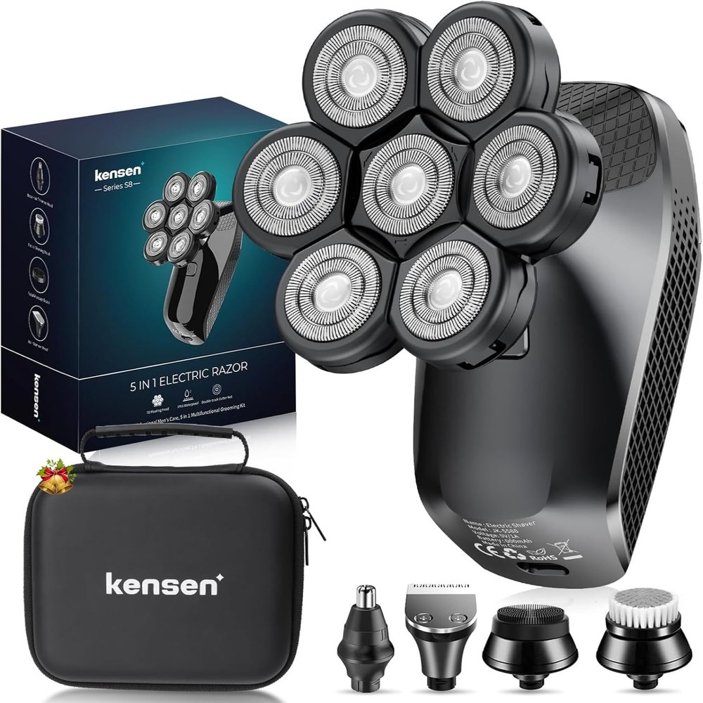 7D Head Shavers for Bald Men - 5 in 1 kensen Electric Head Hair Shaver, Christmas Gift Head Electric Razor with Nose Hair & Beard Trimmer Cordless IPX6 Waterproof Wet Dry LED Display Travel Case