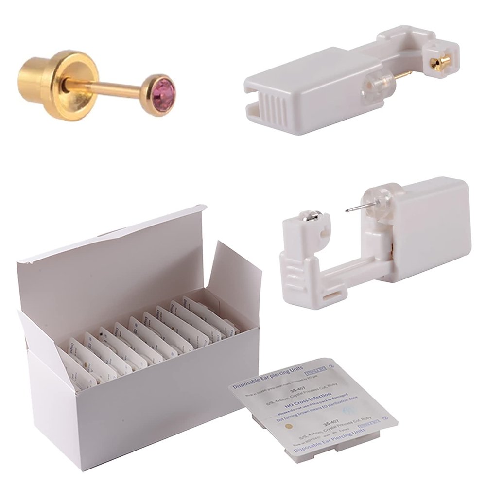 CHUANCI 24PCS/Box Disposable Self Ear Piercing Unit Cartilage Tragus Helix Sterile Piercing Gun NO Pain Piercer Tool Kit Machine (24PCS/Box-3mm Gold Pink Zircon)