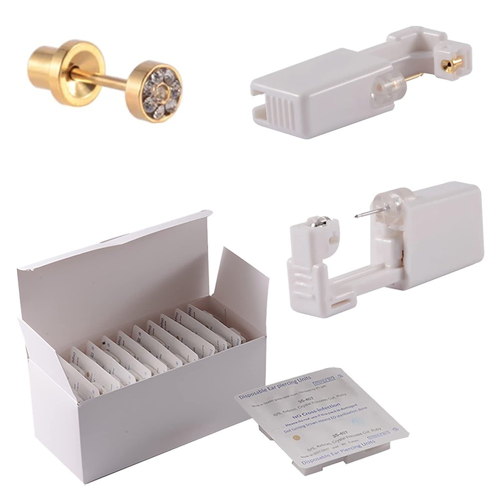 CHUANCI 24PCS/Box Disposable Self Ear Piercing Unit Cartilage Tragus Helix Sterile Piercing Gun NO Pain Piercer Tool Kit Machine (24PCS/Box-4mm Gold Full Zircon)