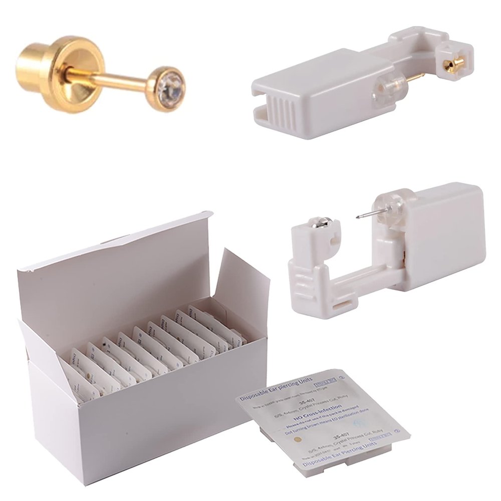 CHUANCI 24PCS/Box Disposable Self Ear Piercing Unit Cartilage Tragus Helix Sterile Piercing Gun NO Pain Piercer Tool Kit Machine (24PCS/Box-3mm Gold Clear Zircon)