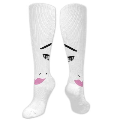 Eyelash Fashion Compression Socks,Closed Eyes Pink Lipstick Glamor Makeup Cosmetics Beauty Performance Polyester Cushioned Athletic Crew Socks for Running,Athletic,Fuchsia Black White- 19.8 inch