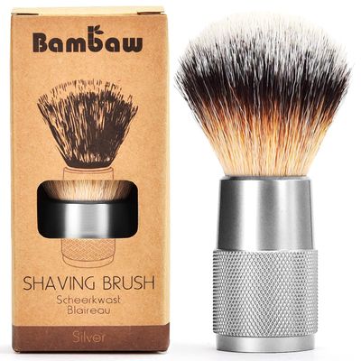 Bambaw - Shaving Brush Vegan | Silver | Ingrown Hair and Razor Bumps Treatment| Durable Shaving Brush Metal Handle| Shaving Brushes for Men and Women | Waste Free Synthetic Hair Brush