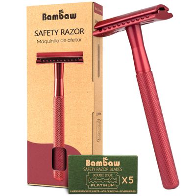 Bambaw Single Blade Double Edged Safety Razor with 5 Blades, Durable Metal Razor for Men & Women, Reusable & Plastic Free Double Edge Safety Razors for Men  Red