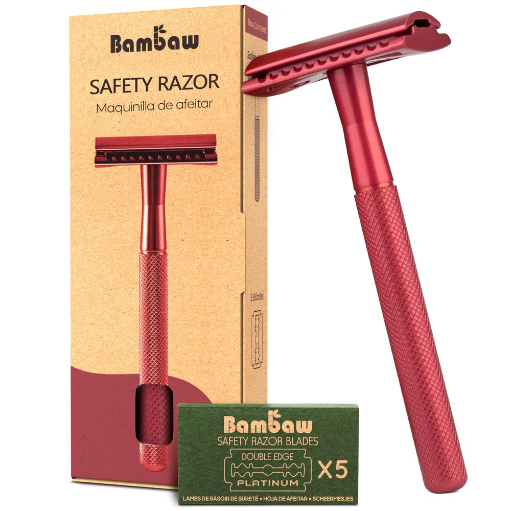 Bambaw Single Blade Double Edged Safety Razor with 5 Blades, Durable Metal Razor for Men & Women, Reusable & Plastic Free Double Edge Safety Razors for Men  Red