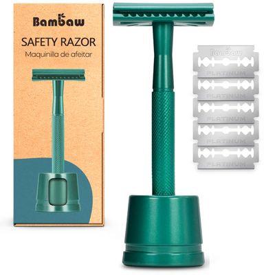 Bambaw Double Edge Close Comb Safety Razor with Stand, Shaving Razor for Men with 5 Safety Razor Blades, Reusable Eco Freindly DE Metal Razor  Sea Green