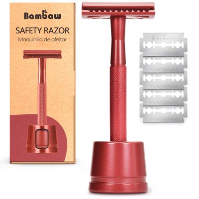 Bambaw Double Edge Safety Razor with Stand, Safety Shaving Razor with 5 Double Edge Safety Razor Blades, Eco-Friendly Razor for Shaving  Red