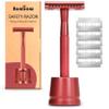 Bambaw Double Edge Safety Razor with Stand, Safety Shaving Razor with 5 Double Edge Safety Razor Blades, Eco-Friendly Razor for Shaving  Red view 1