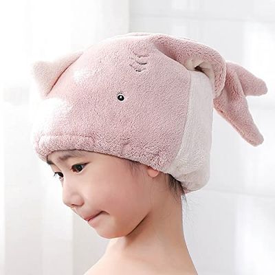 Foyadi Hair Drying Towel for Kids Girls, Cute Cartoon Absorbent Quick Drying Bath Wrap Set for Bathing, Spa, Swimming Pool, Soft Microfiber Cap for Curly Long & Wet Hair, Pink