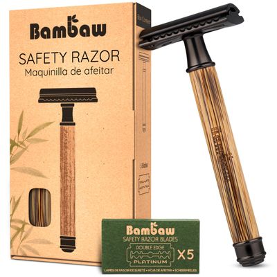 Bambaw Single Blade Razors for Men & Women, Bamboo Razor with 5 Blades, Double Edge Safety Razor, Eco-Friendly, Reusable & Plastic Free  Slim Bamboo Black