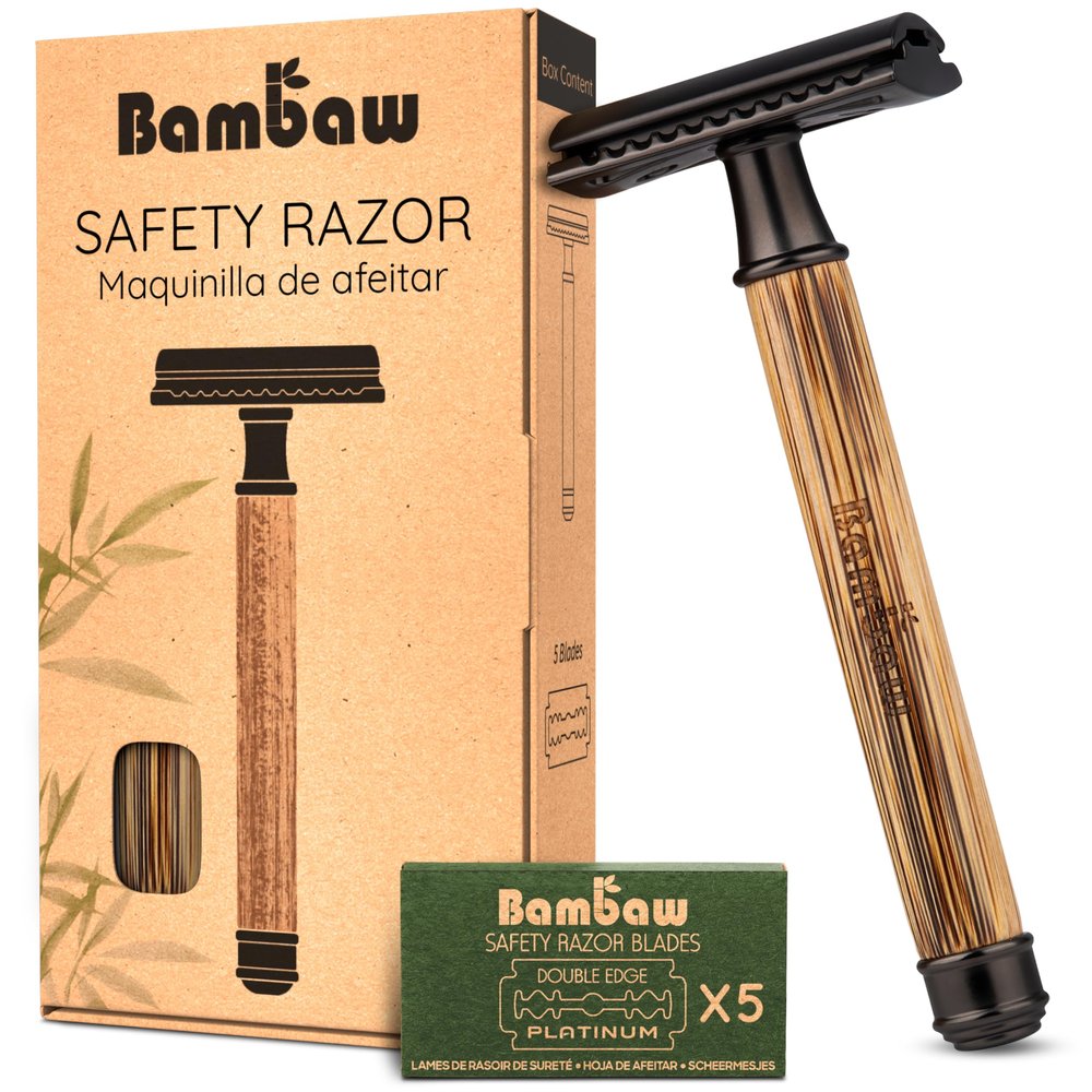 Bambaw Single Blade Razors for Men & Women, Bamboo Razor with 5 Blades, Double Edge Safety Razor, Eco-Friendly, Reusable & Plastic Free  Slim Bamboo Black
