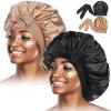 2Pcs Satin Bonnet for Black Women,Satin Hair Tie Bonnet,Jumbo Curly Hair Silky Bonnet,Soft Head Scarf Wrap Hair Bonnet with Tie Band,Adjustable Braids Bonnet Sleep Cap for Long Curly Hair(Black&Khaki) view 1