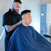 Barber Strong The Barber Cape Haircut Cover for Men, Hair Repelling and Static-Reducing Material, Flexible Elastic Neckband, Water Resistant Fabric, Oversized for Complete Coverage - Blue/White Stripe view 2