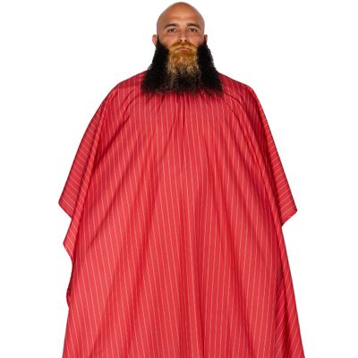 Barber Strong The Barber Cape Haircut Cover for Men, Hair Repelling and Static-Reducing Material, Flexible Elastic Neckband, Water Resistant Fabric, Oversized for Complete Coverage - Red/White Stripe