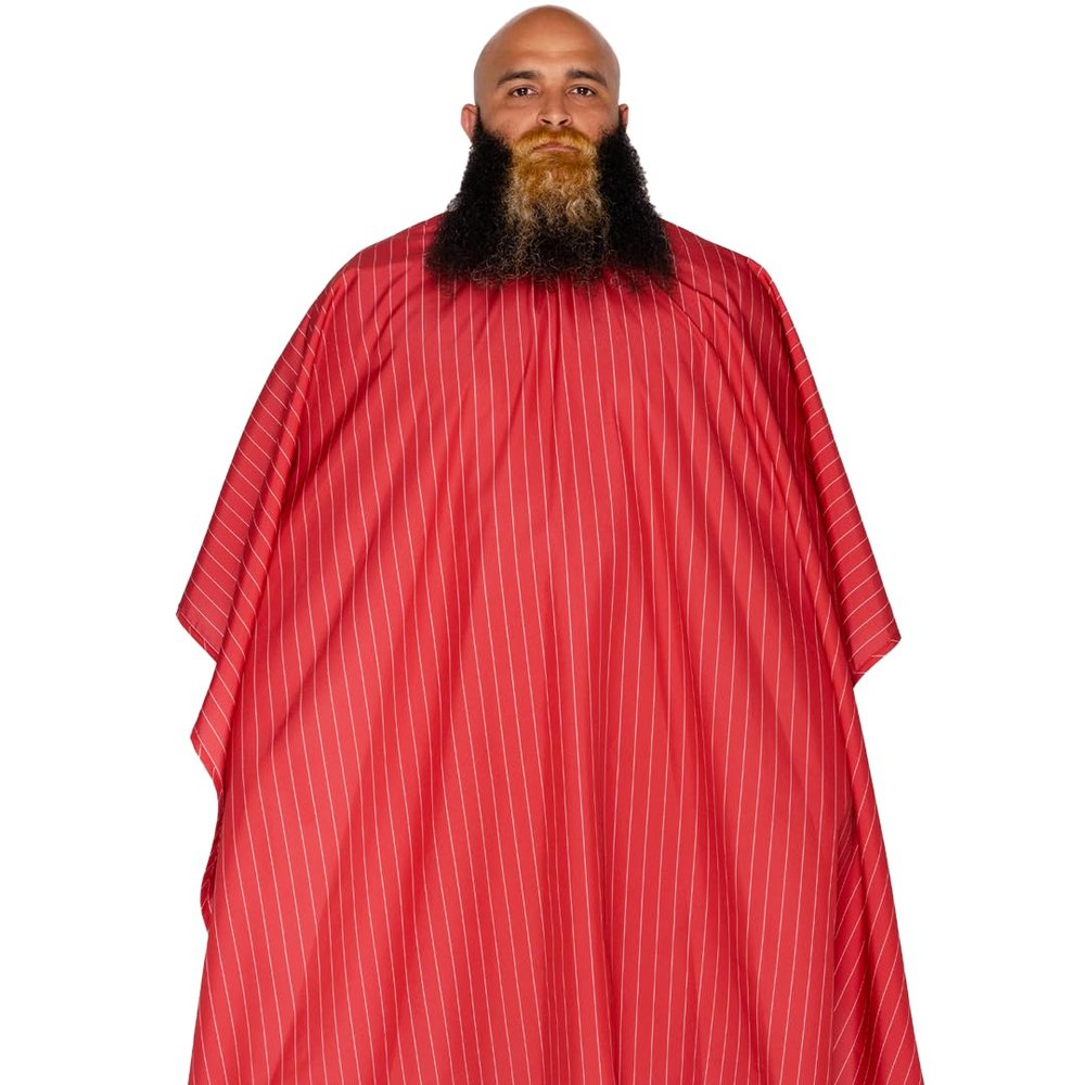 Barber Strong The Barber Cape Haircut Cover for Men, Hair Repelling and Static-Reducing Material, Flexible Elastic Neckband, Water Resistant Fabric, Oversized for Complete Coverage - Red/White Stripe