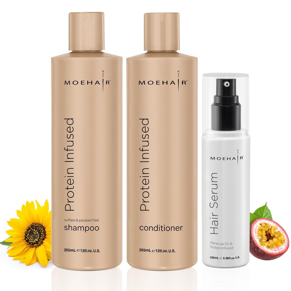 Moehair Protein Infused Shampoo and Conditioner with Hair Serum Pack | Sulfate and Paraben Free Shampoo | Revitalize Dull, Weak and Damaged Hair | Made in the USA