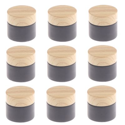 Healthcom 10 Pcs 10 Gram/10 ML Empty Jars Black Frosted Glass Cream Jar Pot Bottles Vials with Wood Grain Lids Cosmetic Container Refillable Glass Eye Cream Box Pot for Lotion Face Eyeshadow Lip Balms