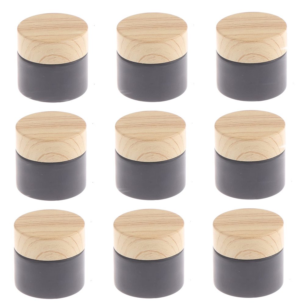 Healthcom 10 Pcs 10 Gram/10 ML Empty Jars Black Frosted Glass Cream Jar Pot Bottles Vials with Wood Grain Lids Cosmetic Container Refillable Glass Eye Cream Box Pot for Lotion Face Eyeshadow Lip Balms