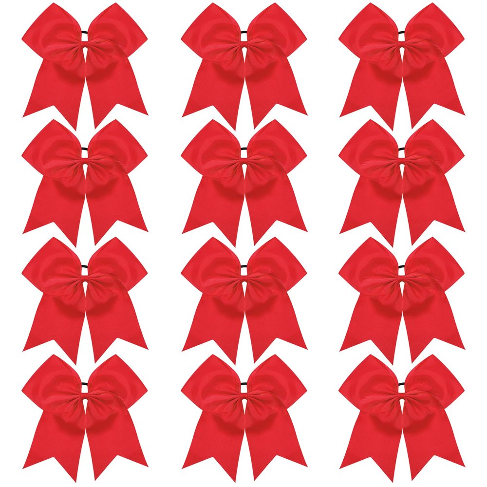 TUUXI 12pcs Large Cheering Bows 8 Inch Red Cheerleading Bows with Elastics Hair Ties Bands Ponytail Holder for Cheerleader Softball Football Competition College Sport