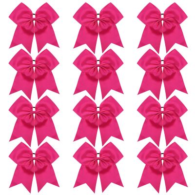 TUUXI 12pcs Large Cheering Bows 8 Inch Pink Cheerleading Bows with Elastics Hair Ties Bands Ponytail Holder for Cheerleader Softball Football Competition College Sport