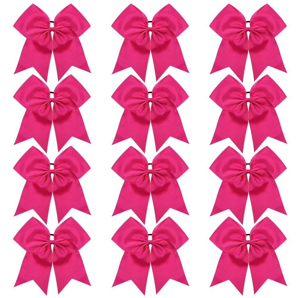 TUUXI 12pcs Large Cheering Bows 8 Inch Pink Cheerleading Bows with Elastics Hair Ties Bands Ponytail Holder for Cheerleader Softball Football Competition College Sport