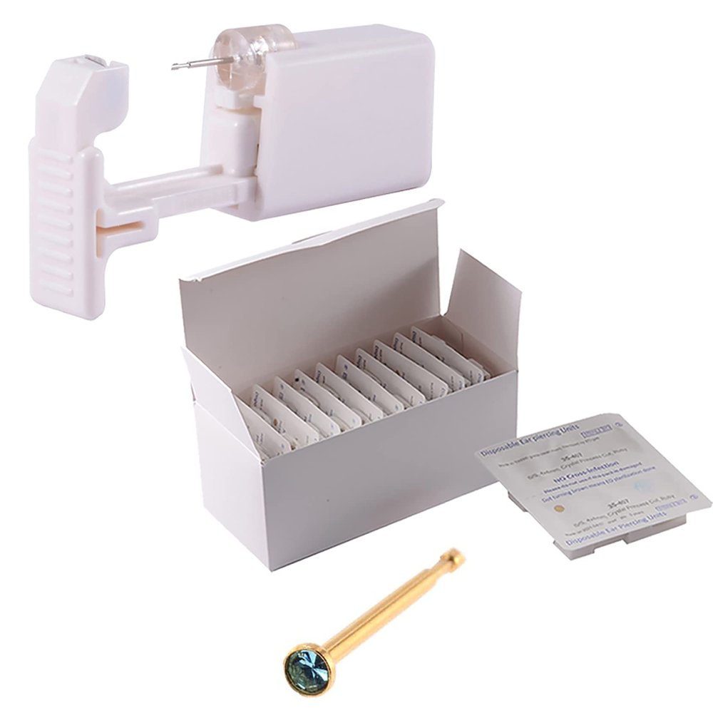 CHUANCI 24PCS/Box Disposable Safe Sterile Piercing Unit for Nose Automatic Bending Rod More Safe Nose Piercing Gun Piercer Machine Kit (24PCS/Box-Gold Aqua)