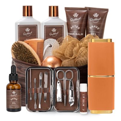 21 Pcs Christmas Gifts for Men, Bath Gift Set & Shave Beard Kit with Leather Bag, Sandalwood Bergamot Home Spa Kit, Relaxing Men's Gift Basket, Birthday, Father's Day Gift, Dad, Boyfirend, Husband