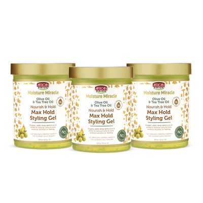 African Pride Moisture Miracle Olive & Tea Tree Oil Max Hold Styling Hair Gel (3 Pack), For Natural Coils & Curls, 18 oz