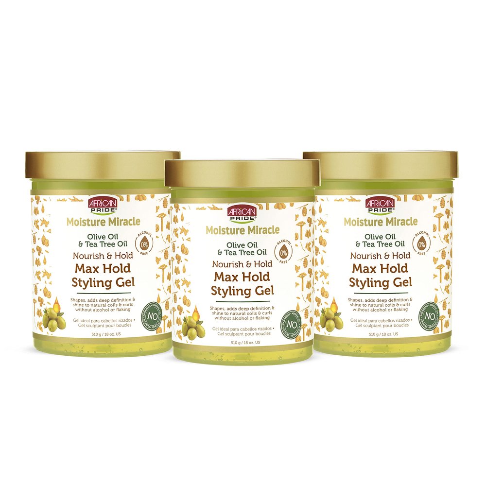 African Pride Moisture Miracle Olive & Tea Tree Oil Max Hold Styling Hair Gel (3 Pack), For Natural Coils & Curls, 18 oz