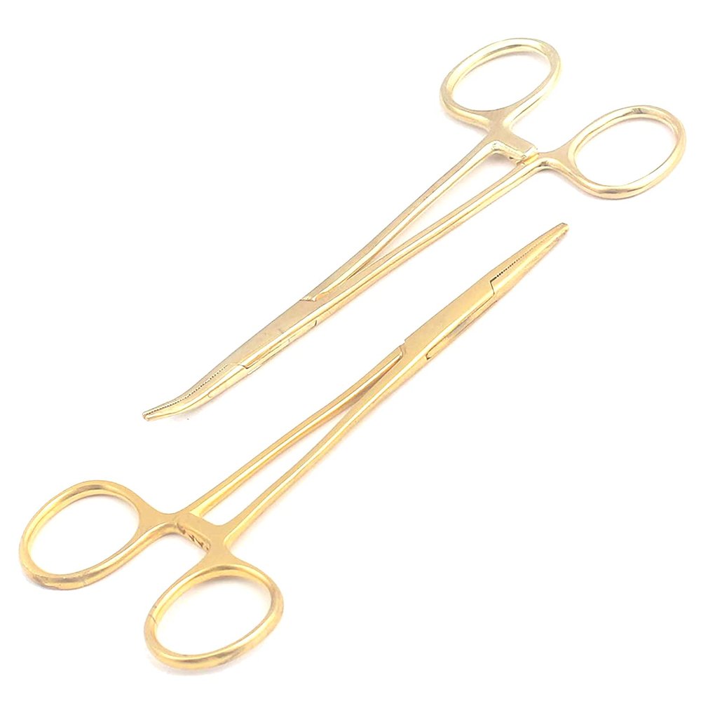 AAProTools Body Piercing Hemostat Mosquito Forceps 5" Straight & Curved Stainless Steel Professional Septum Ear Nipple Belly Nose Tongue Lip Navel Eyebrow (Gold)