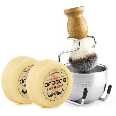 Anbbas Shaving Brush Set for Men Vegan Style Synthetic Badger Hair Shaving Brushes, Stainless Steel Shaving Stand and Bowl, 2 Soaps Perfect for Wet Close Shave