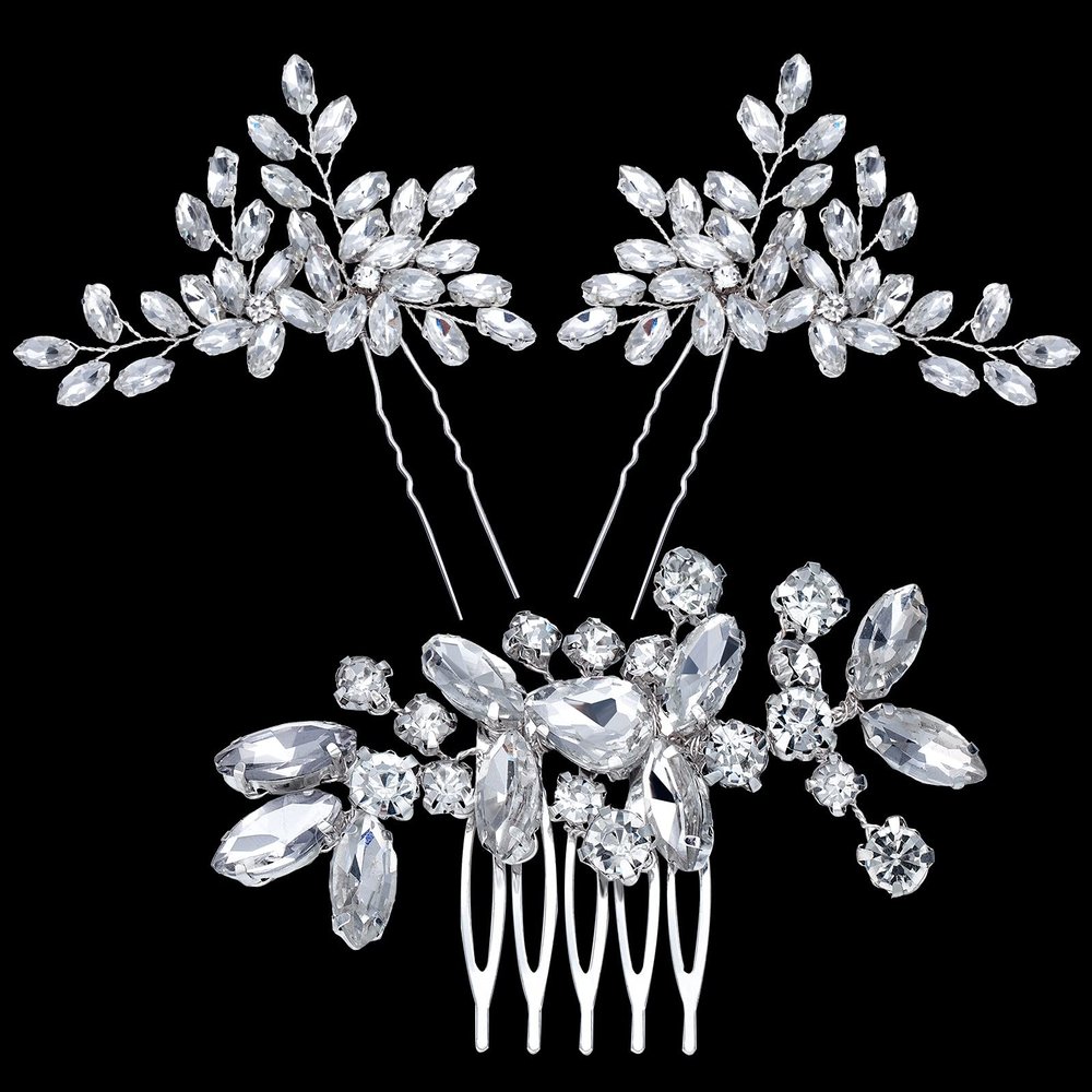 3 Pieces Bride Wedding Hair Comb Rhinestone Silver Bridal Hair Side Comb Crystal Hair Pieces Hair Pin Accessories for Women and Girls