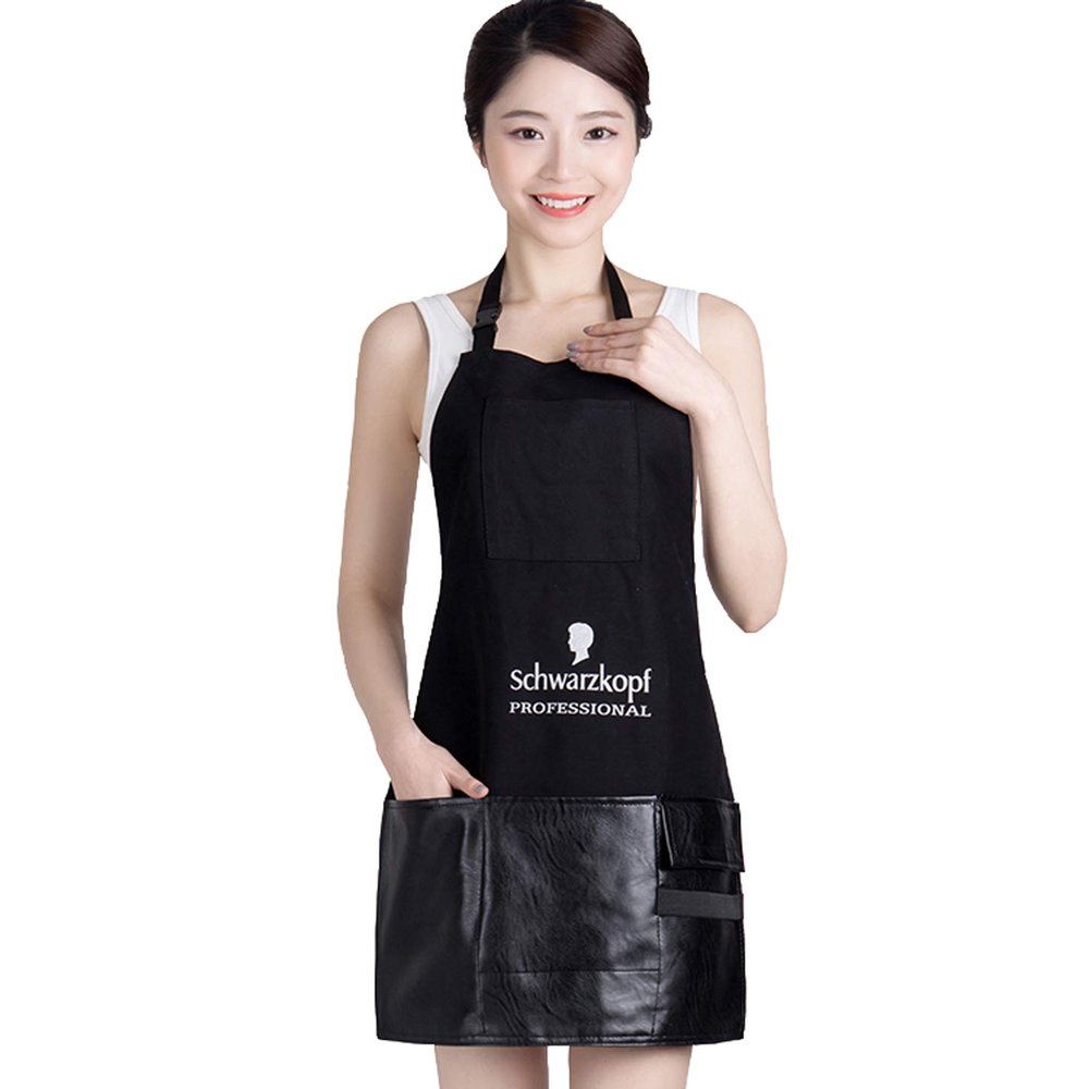 TILYIALA Hair Stylist Apron, Haircut Cosmetologist Waterproof Wrinkle Free Barber Aprons for Women Men Hairstylist Bib with Pocket Adjustable Neck Strap Hairdressing Work Apron (Black Patchwork)