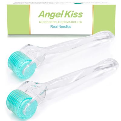 Angel Kiss Derma Roller REAL NEEDLES - 192 Microneedling Beginner Stainless Steel Needle & Advanced 5 Titanium Needle Combination Micro Needle Roller 0.3mm - w/Storage Case