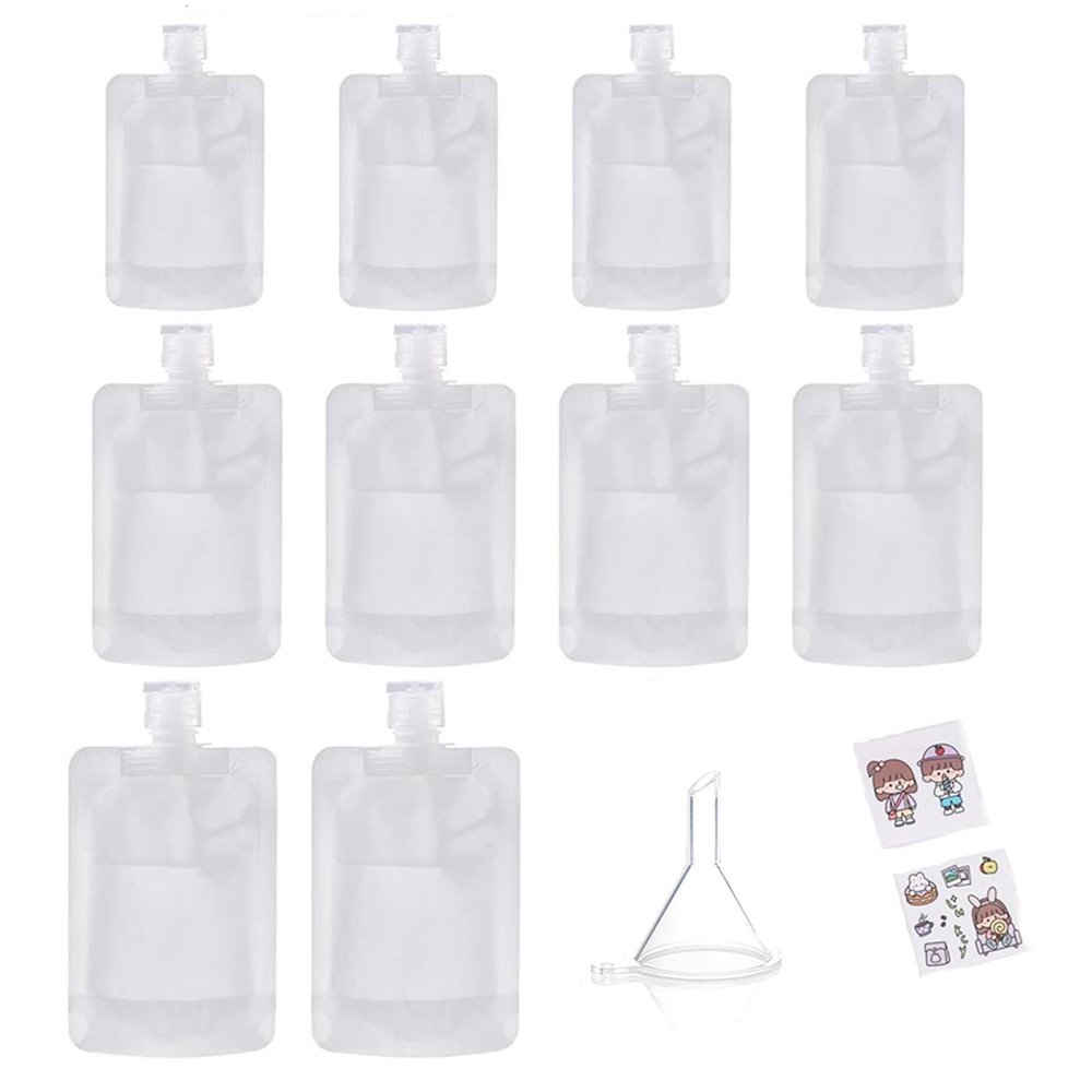 10PCS Travel Size Empty Squeeze Pouch with a Funnel,Refillable Transparent Lotions Packaging Bag Travel Toiletry Bags Pouch for Shampoo/Hand Liquid/Cream,Portable Cosmetic Containers (30ml/1oz)