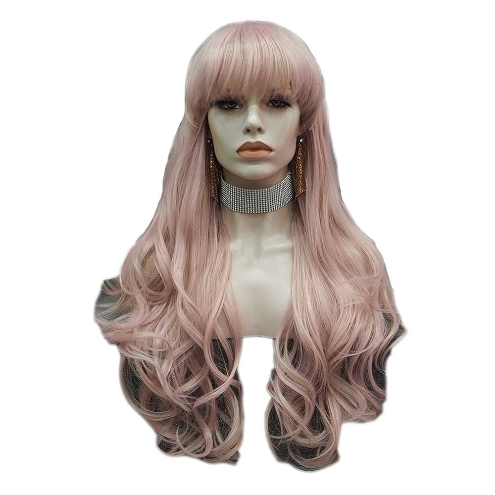 Pink Synthetic Wigs With Bangs Hair Natural Wavy Heat Resistant Fiber Cosplay Wigs Women
