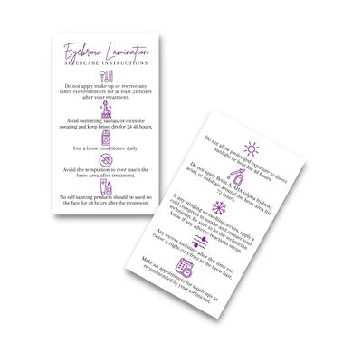 Brow Lamination Aftercare Card | 50 Pack | 2x3.5 inches Business Card Size | Starter Lift Kit At Home DIY Brow Lift and Tint | Snatched Brows White with Purple Design