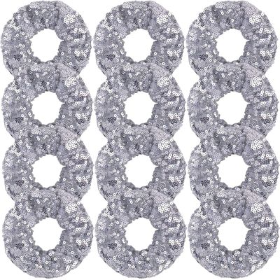 12 Pcs Silver Sequin Hair Scrunchies Hair Bobbles Metallic Elastics Ponytail Holders Hair Wrist Ties Bands Cloth Scrunchies for Show Gym Dance Party Club Girl Women