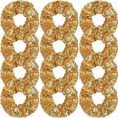 12 Pcs Gold Sequin Scrunchies Bridesmaid Scrunchy Elastics Ponytail Holders Hair Wrist Ties Bands Cloth Scrunchies for Show Gym Dance Party Club Girl Women